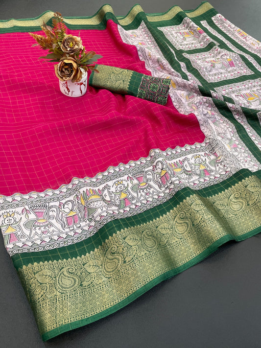 DOLA SILK CHECKES WARLI PRINT WITH JACQUARD BORDER