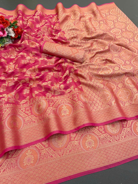 Organza banarasi kanjivaram look designer silk rich pallu saree