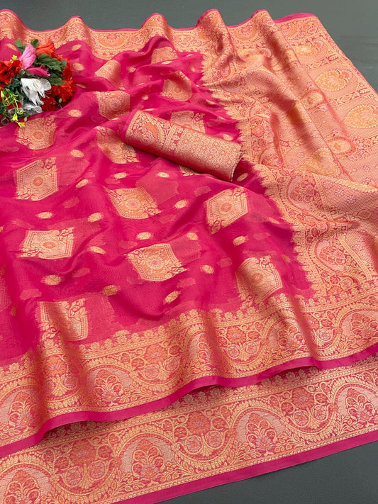 Organza Silk Saree for Women with Trendy Wedding Style in Cotton, Fancy, Art Silk, and Soft Silk Blend Saree