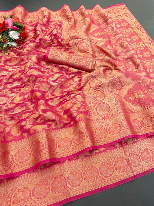 Organza Silk Saree for Women with Trendy Wedding Style in Cotton, Fancy, Art Silk, and Soft Silk Blend Saree