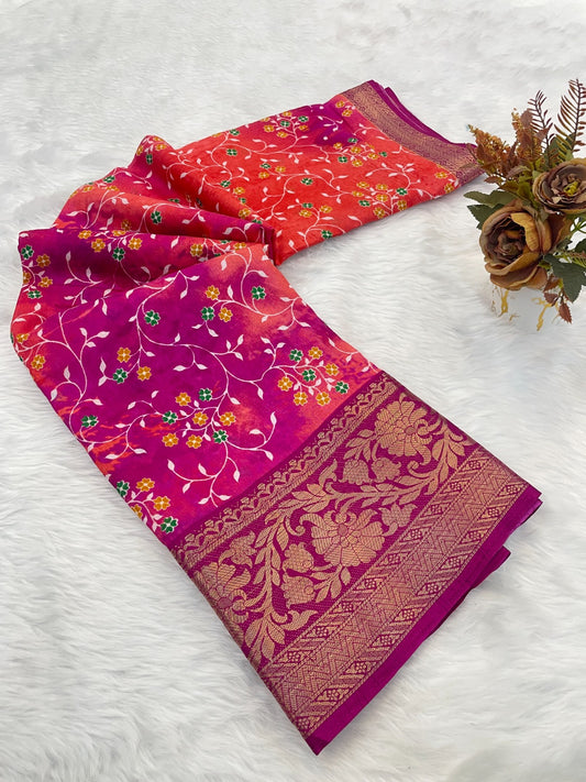 Dola Silk Jaquard Border Printed Saree With Blouse