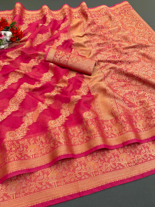Organza Silk Saree for Women with Trendy Wedding Style in Cotton, Fancy, Art Silk, and Soft Silk Blend Saree