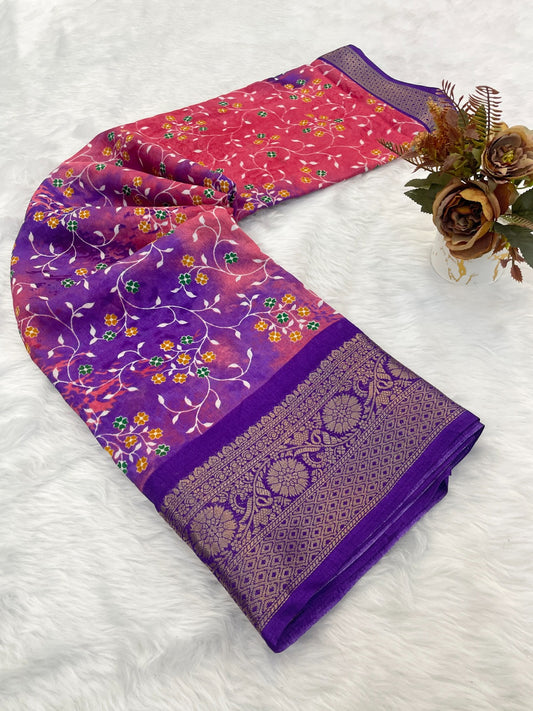 Dola Silk Jaquard Border Printed Saree With Blouse