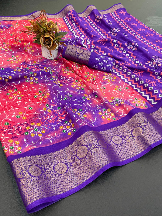Dola Silk Jaquard Border Printed Saree With Blouse