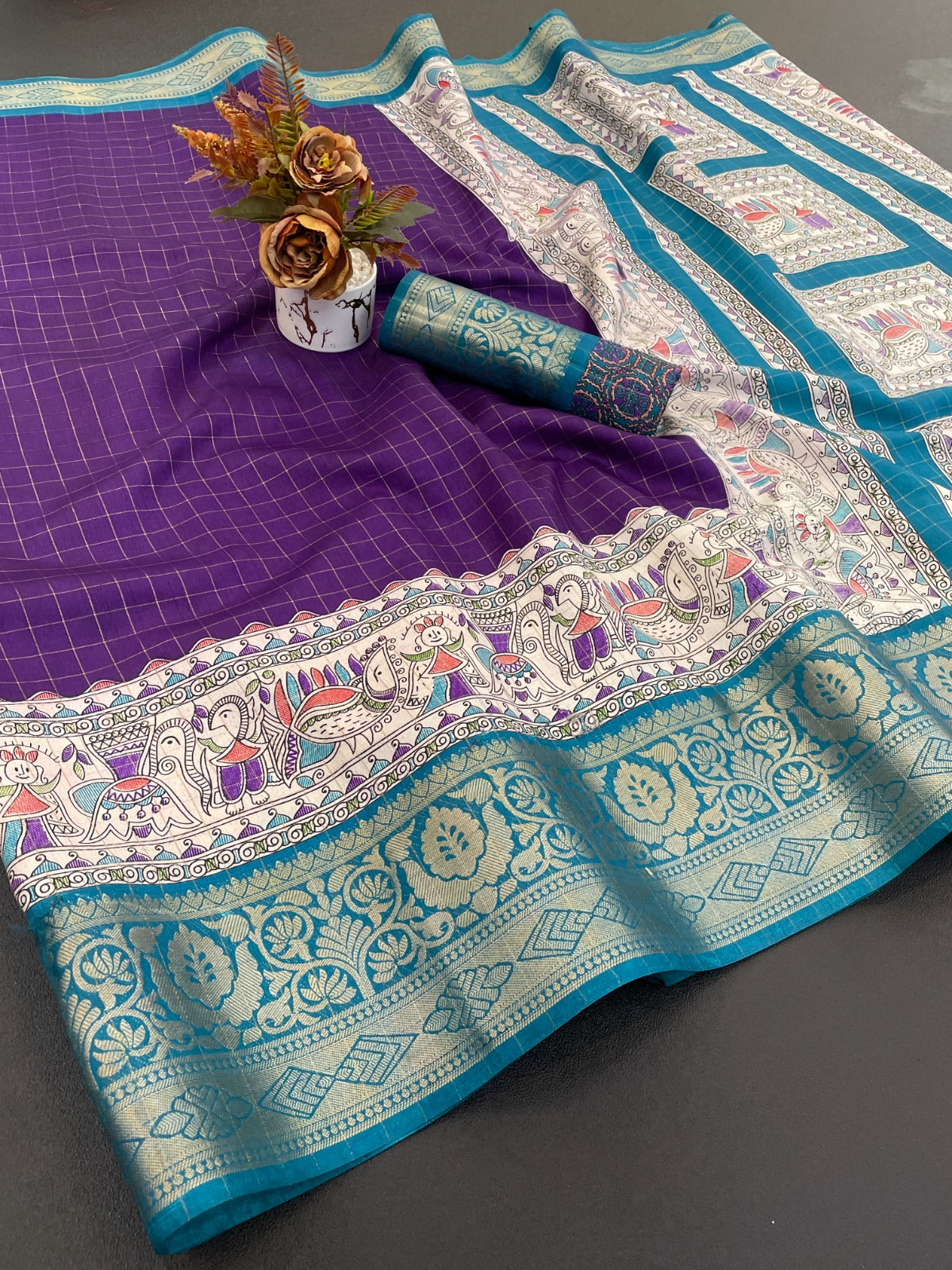 DOLA SILK CHECKES WARLI PRINT WITH JACQUARD BORDER