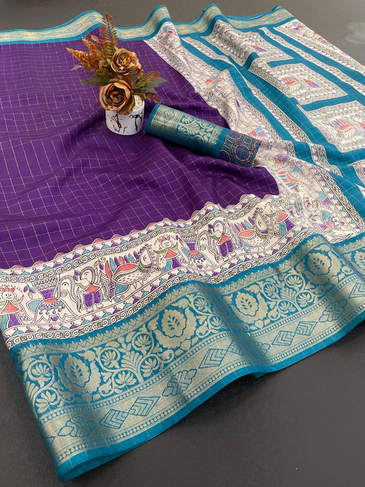 DOLA SILK CHECKES WARLI PRINT WITH JACQUARD BORDER