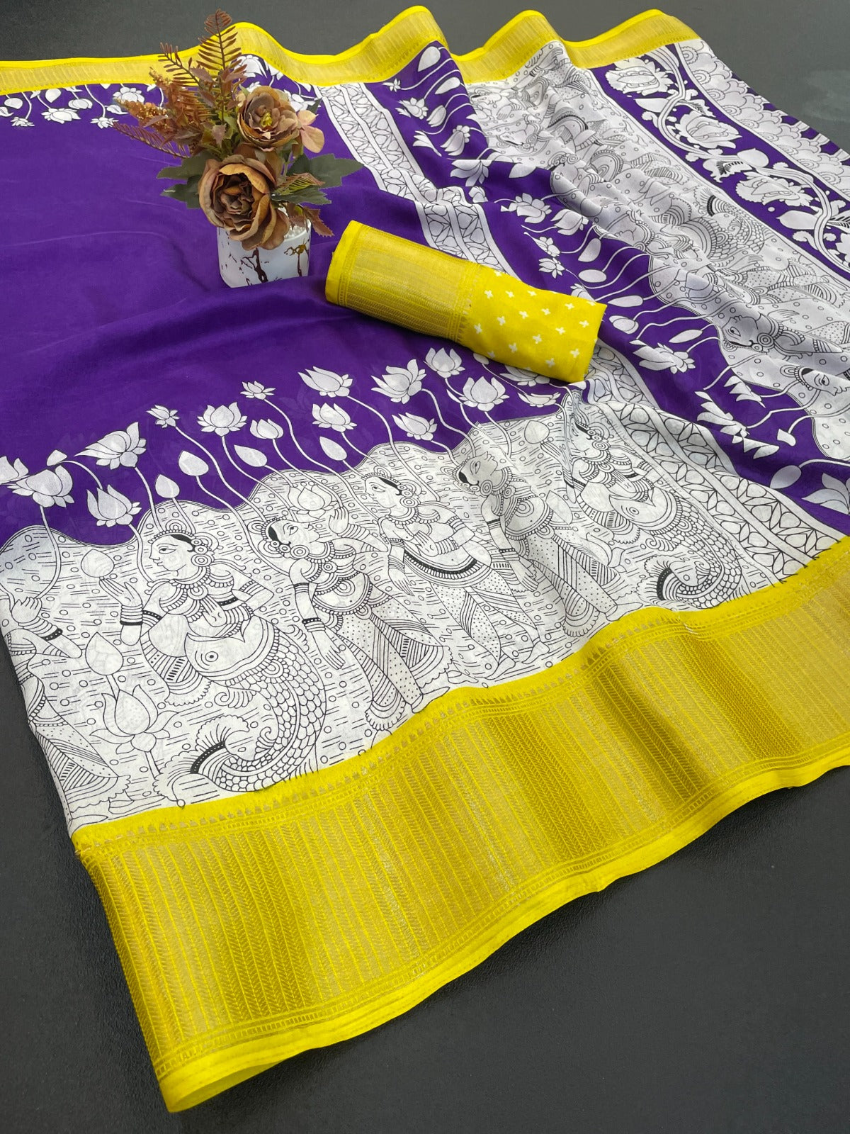 Royal Dola Silk Kalamkari Saree with Heavy Jacquard Border – Premium Ethnic Wear!