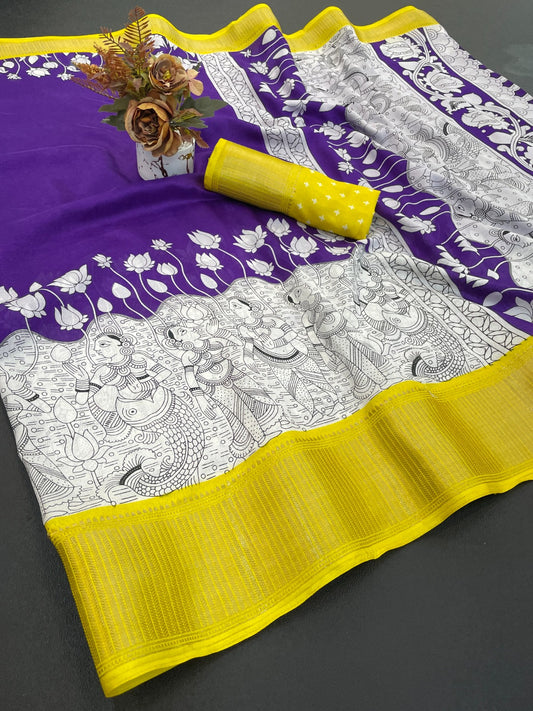 Royal Dola Silk Kalamkari Saree with Heavy Jacquard Border – Premium Ethnic Wear!