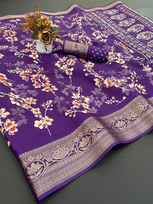 A beautiful dola silk saree with flowers print and weaving border saree