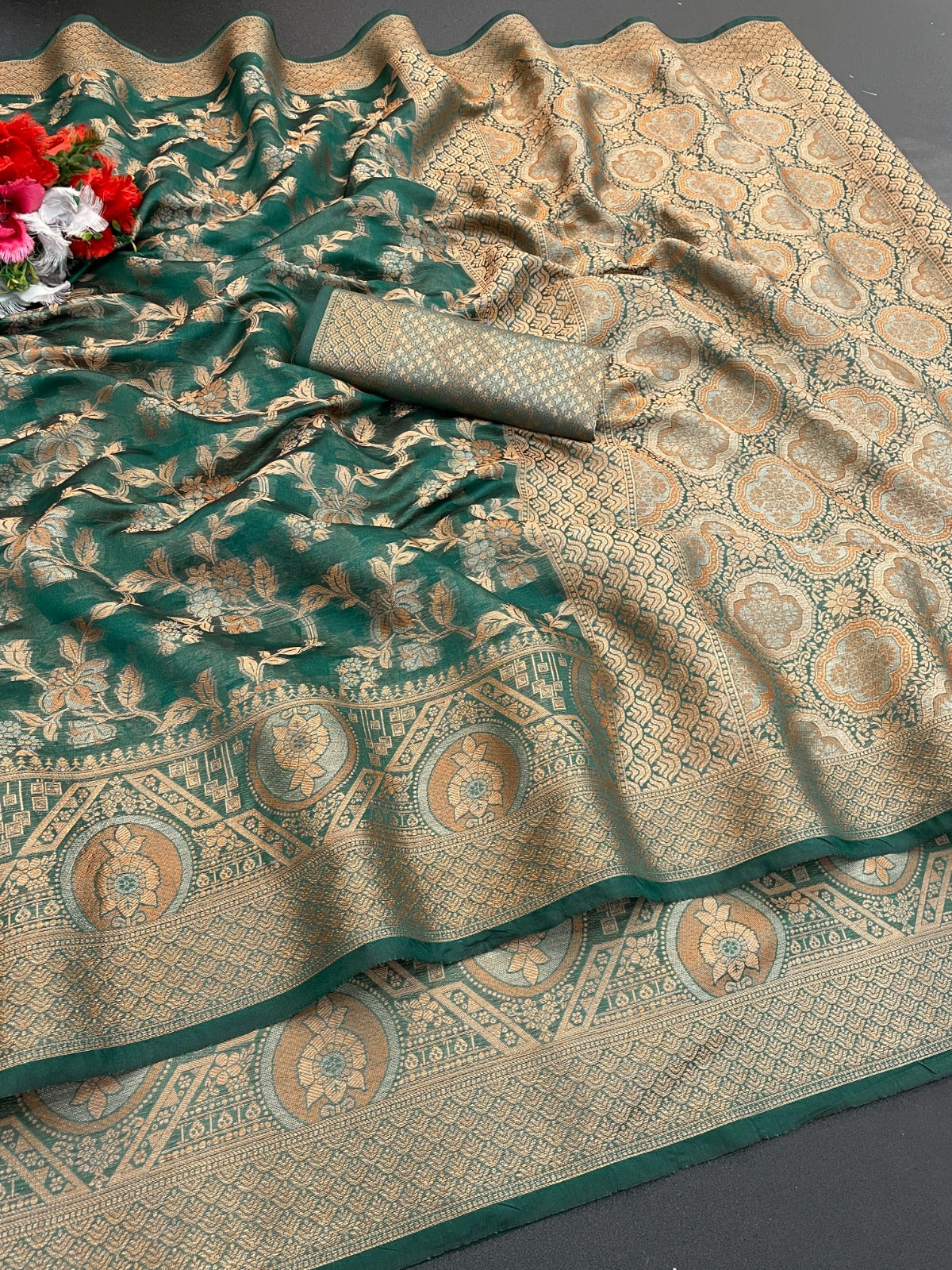 Organza banarasi kanjivaram look designer silk rich pallu saree