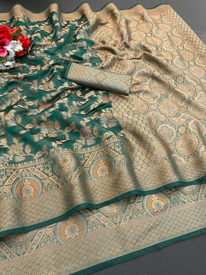 Organza banarasi kanjivaram look designer silk rich pallu saree