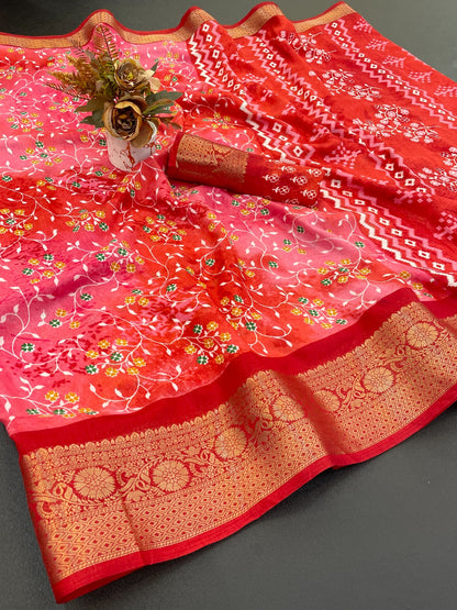 Dola Silk Jaquard Border Printed Saree With Blouse