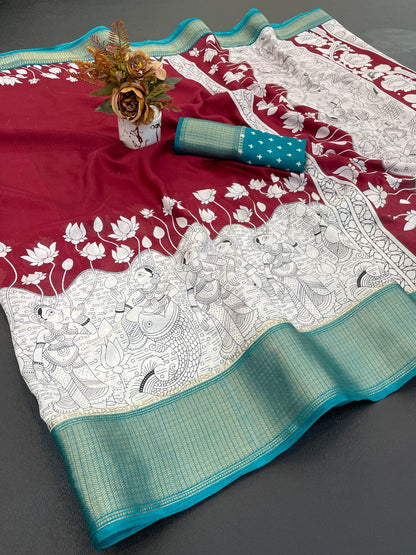 Royal Dola Silk Kalamkari Saree with Heavy Jacquard Border – Premium Ethnic Wear!