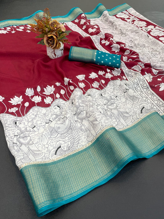 Royal Dola Silk Kalamkari Saree with Heavy Jacquard Border – Premium Ethnic Wear!