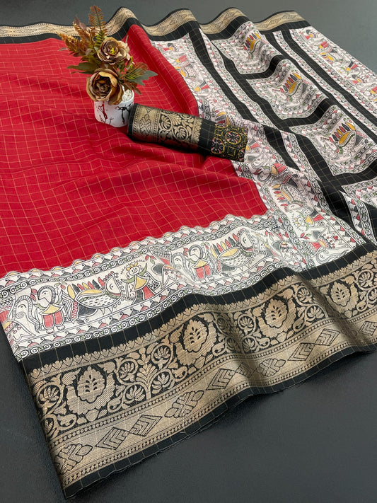 DOLA SILK CHECKES WARLI PRINT WITH JACQUARD BORDER