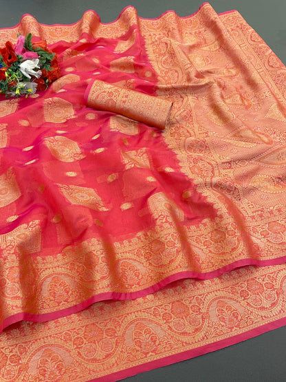 Organza Silk Saree for Women with Trendy Wedding Style in Cotton, Fancy, Art Silk, and Soft Silk Blend Saree