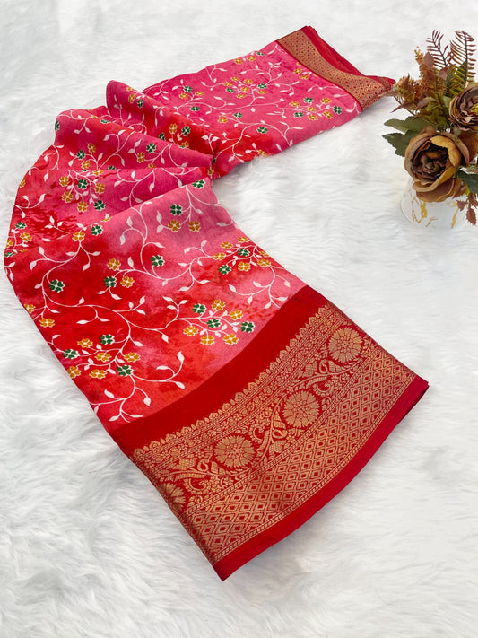 Dola Silk Jaquard Border Printed Saree With Blouse