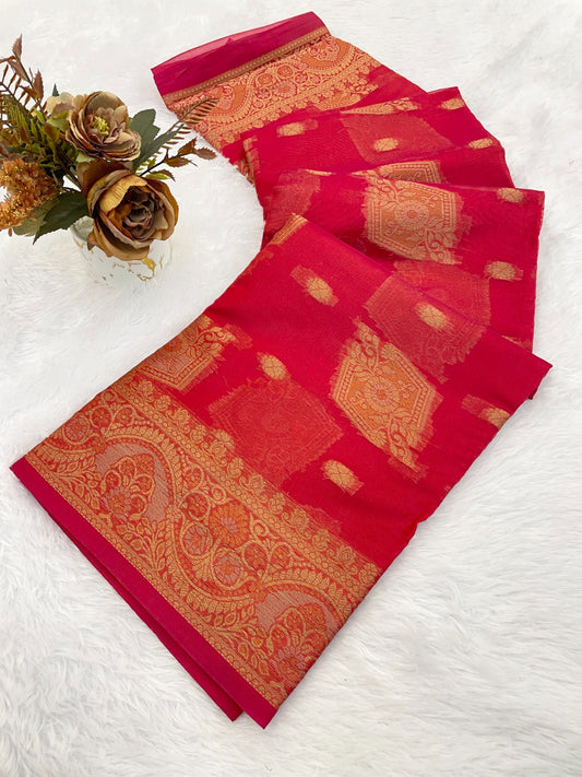 Organza Silk Saree for Women with Trendy Wedding Style in Cotton, Fancy, Art Silk, and Soft Silk Blend Saree
