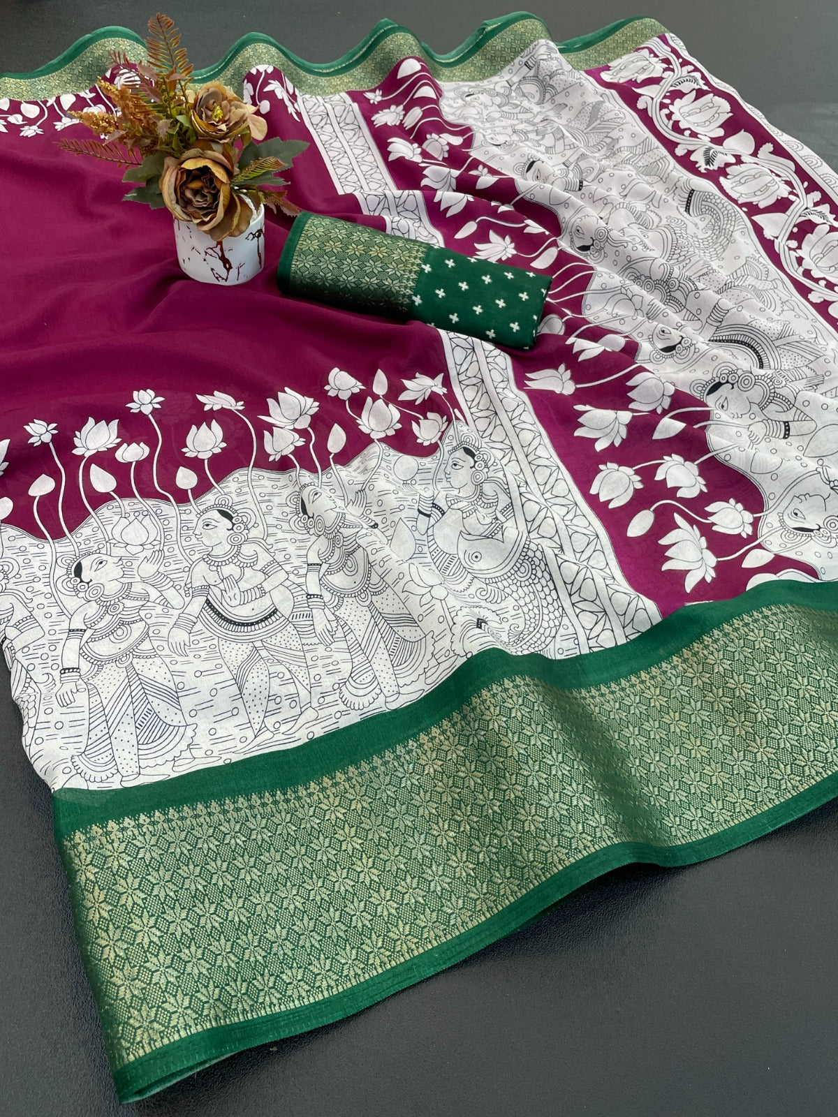 Royal Dola Silk Kalamkari Saree with Heavy Jacquard Border – Premium Ethnic Wear!