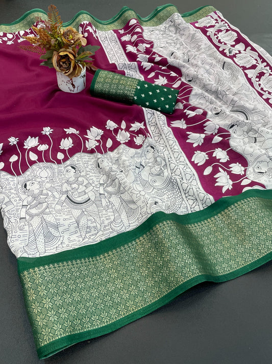 Royal Dola Silk Kalamkari Saree with Heavy Jacquard Border – Premium Ethnic Wear!