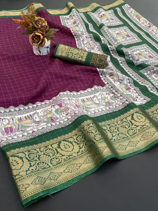 DOLA SILK CHECKES WARLI PRINT WITH JACQUARD BORDER