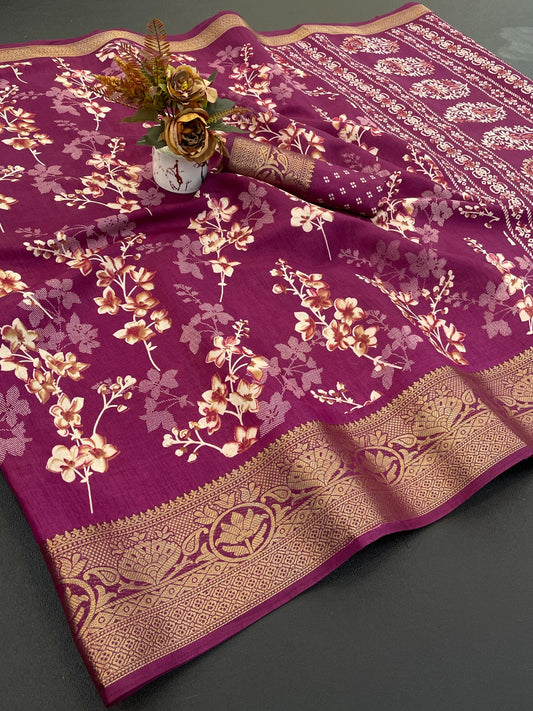 A beautiful dola silk saree with flowers print and weaving border saree