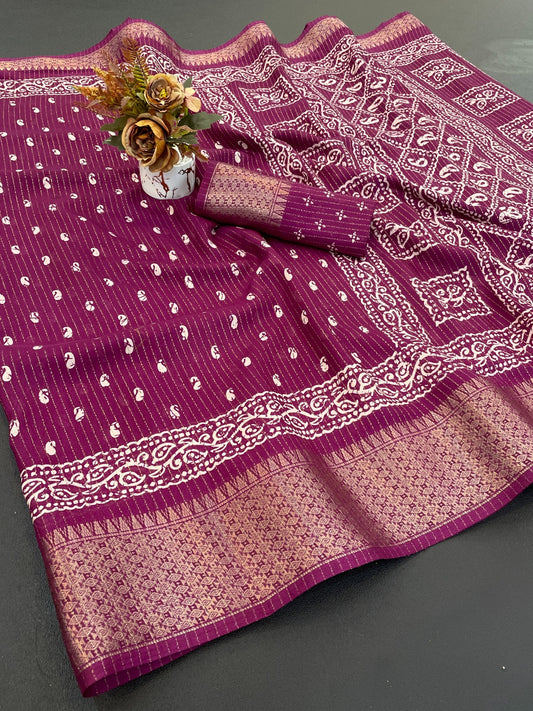 Dola Silk Jaquard Border Printed Saree With Blouse