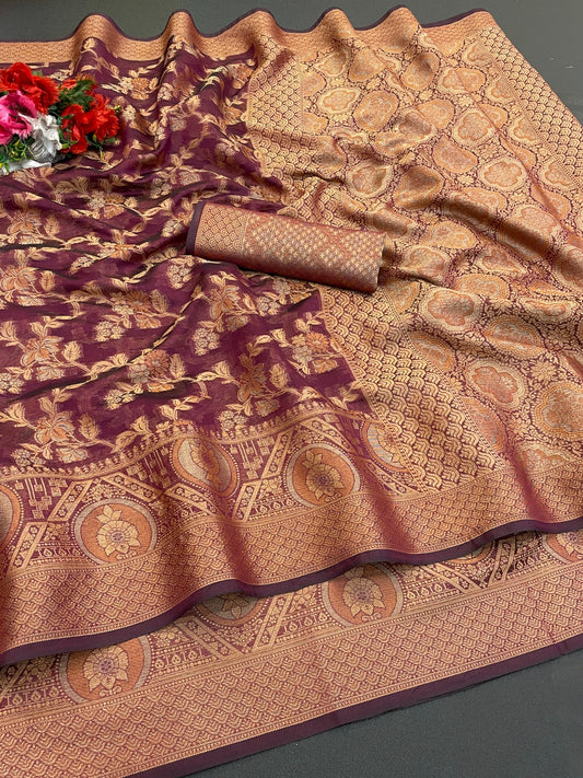 Organza banarasi kanjivaram look designer silk rich pallu saree