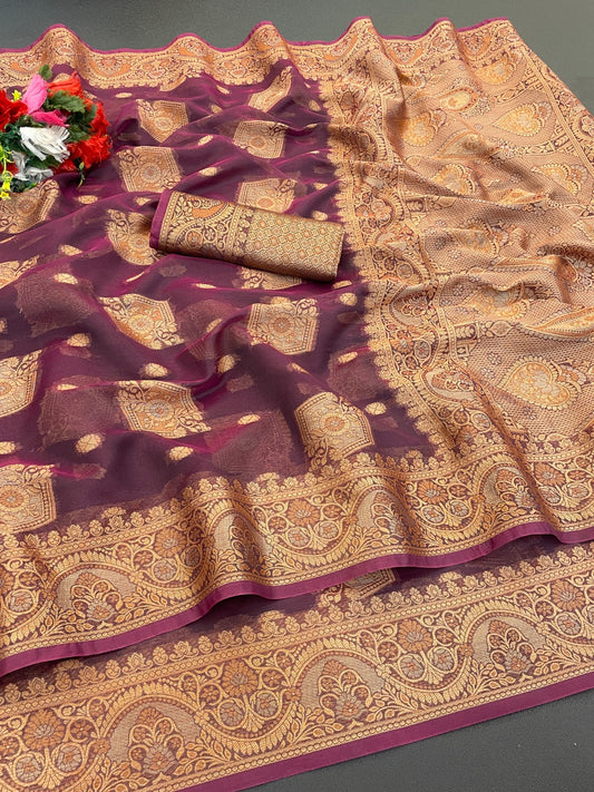 Organza Silk Saree for Women with Trendy Wedding Style in Cotton, Fancy, Art Silk, and Soft Silk Blend Saree