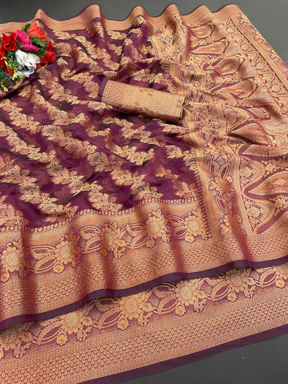 Organza Silk Saree for Women with Trendy Wedding Style in Cotton, Fancy, Art Silk, and Soft Silk Blend Saree