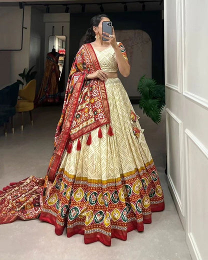 New Tussar Silk Bandhej And Patola Print With Foil Work Lehenga Choli