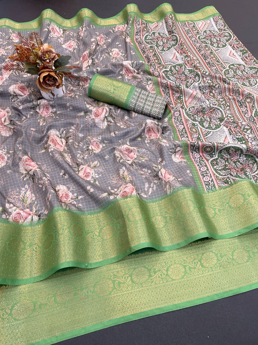 Latest digital print jacuard saree for women