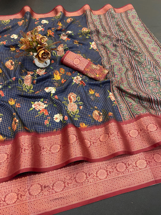Latest digital print jacuard saree for women