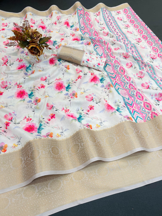 Dola Silk Digital Print Saree With Jacquard Border New trending collection