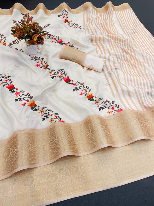 Dola Silk Digital Print Saree With Jacquard Border New trending collection