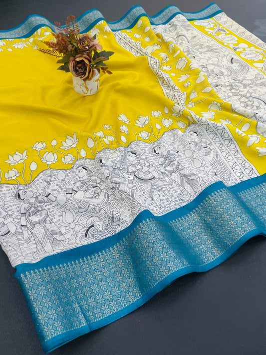 Royal Dola Silk Kalamkari Saree with Heavy Jacquard Border – Premium Ethnic Wear!