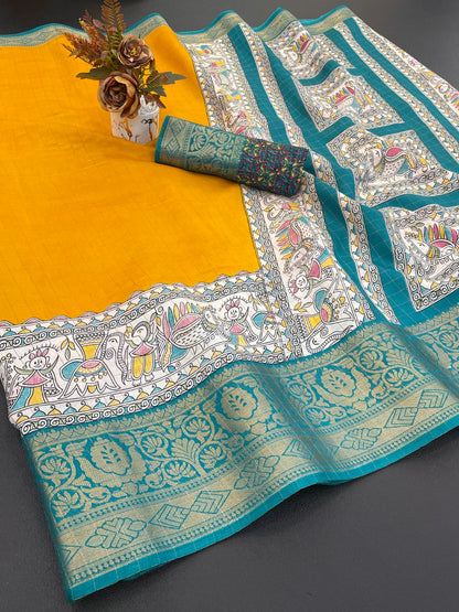 DOLA SILK CHECKES WARLI PRINT WITH JACQUARD BORDER