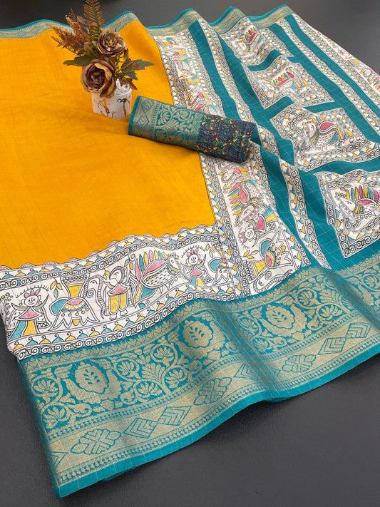 DOLA SILK CHECKES WARLI PRINT WITH JACQUARD BORDER