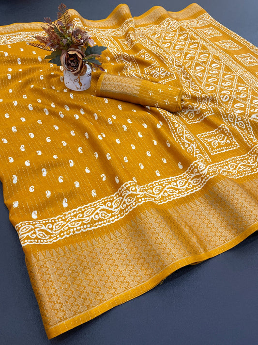 Dola Silk Jaquard Border Printed Saree With Blouse