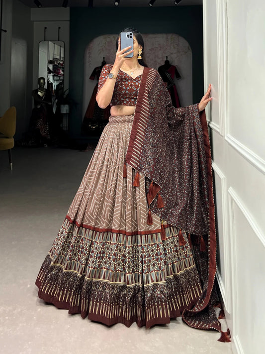 Elegant Tussar Silk Lehenga Choli with Bandhani & Patola Print