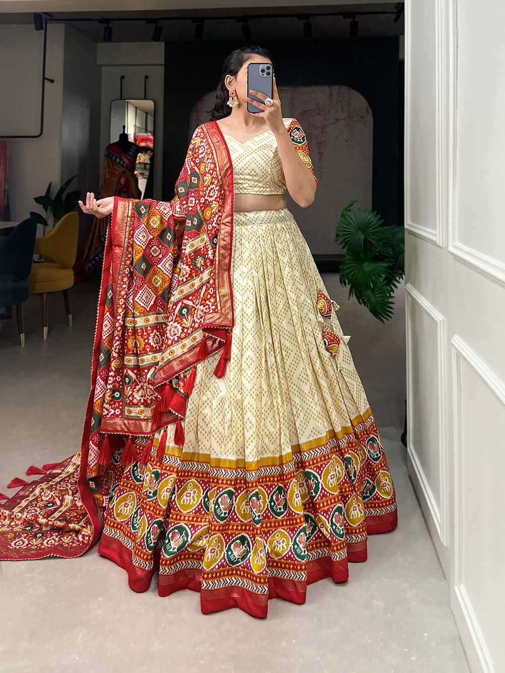 New Tussar Silk Bandhej And Patola Print With Foil Work Lehenga Choli
